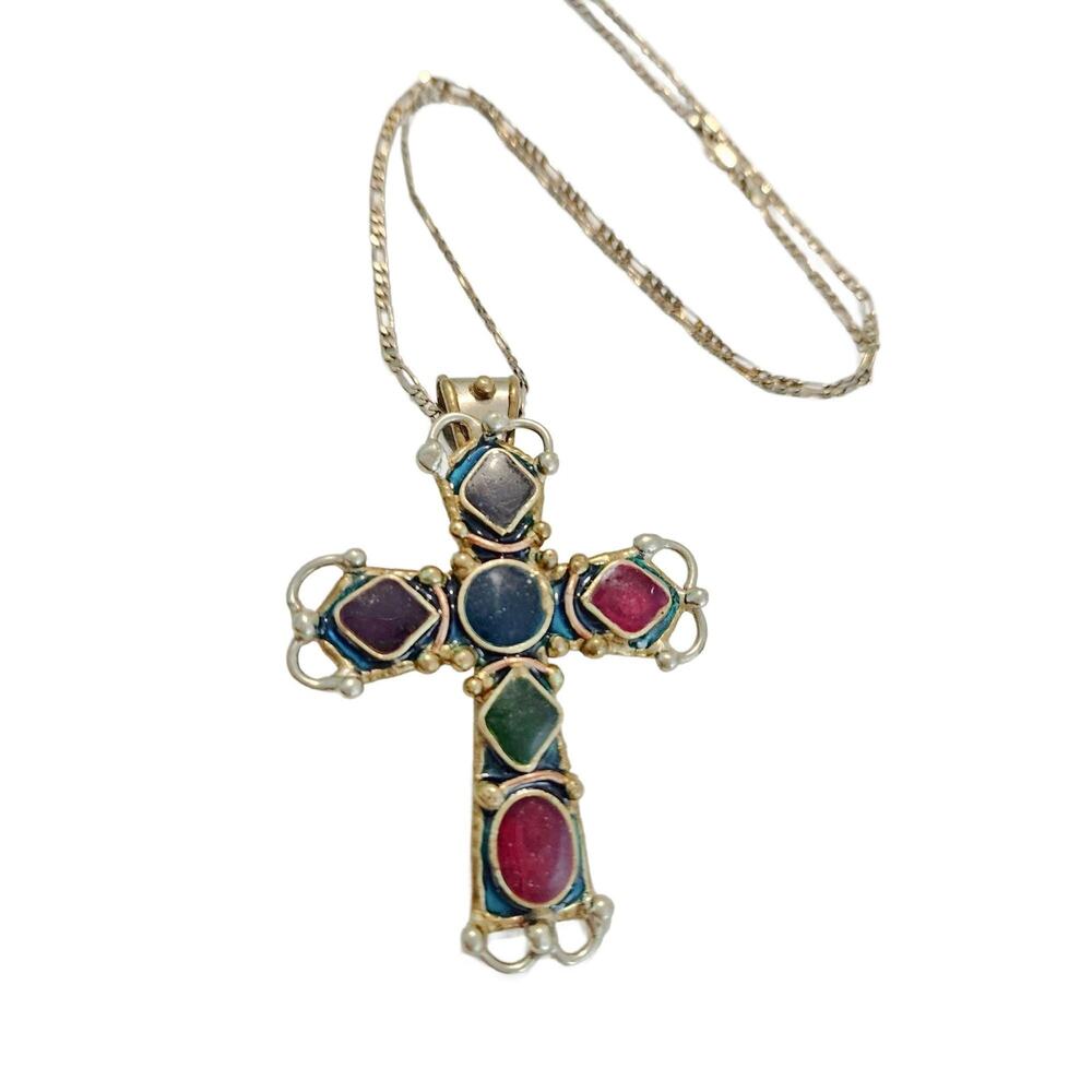 Vintage Artisan Semi Precious Stone Cross Necklace